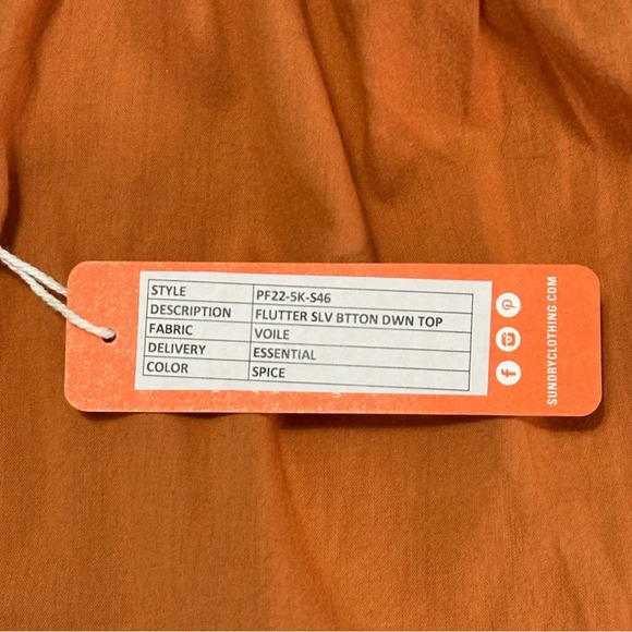 NWT Sundry Flutter Sleeve Button Down Top Spice Orange Size 1 Smalll Cotton - Picture 4 of 8